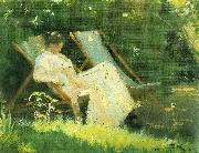 Peter Severin Kroyer kunstnerens hustru siddende i en havestol i deres have pa skagen oil painting reproduction